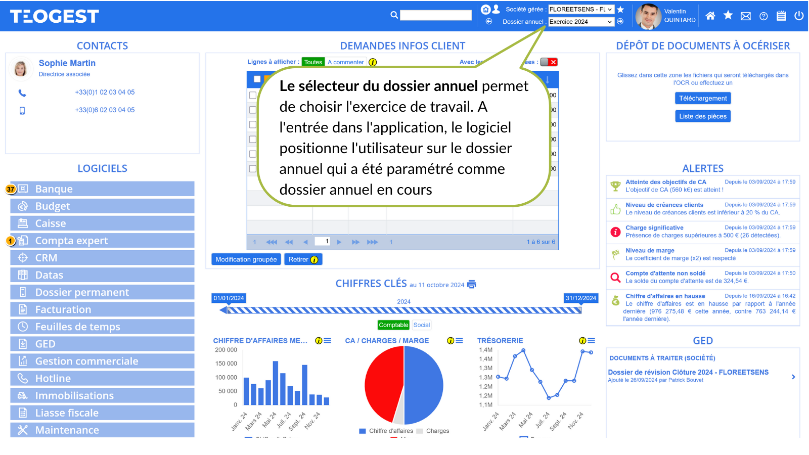 Detail de la barre dentete  le selecteur de dossiers annuels exercices